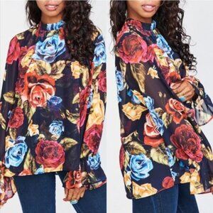 SHOW Me Your Mumu SMYM Ladybug Floral Sheer Long Sleeve Flared Sleeve Blouse Top